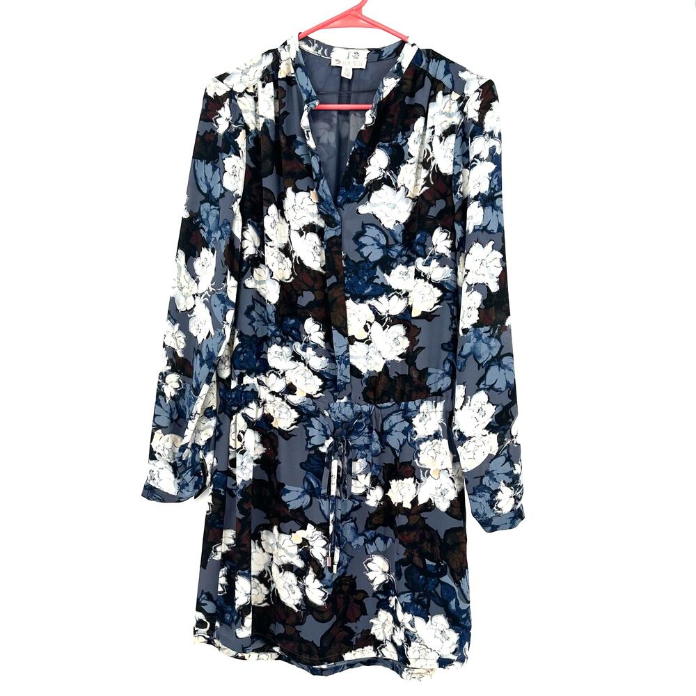 Lila Rose Size 4 Dress Blue Floral Drawstring Waist Long Sleeve Formal Workwear